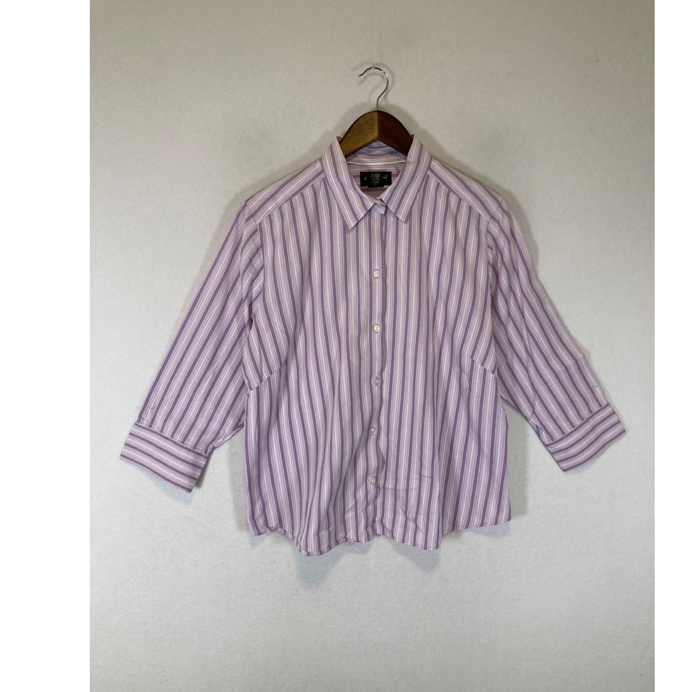 Classic Preppy Eddie Bauer Womens L Purple‎ Striped 3/4 Sleeve Button Down Shirt